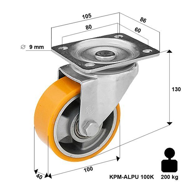 Zestaw kołowy obrotowy, 100 mm, 200 kg – KPM-ALPU 100K - obrazek 4